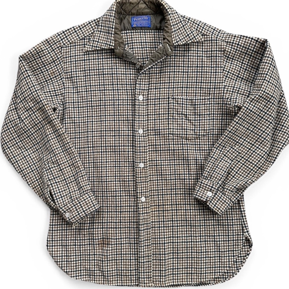 Pendleton Wool Shirt Mens L Brown Plaid Good Vintage USA Flannel Houndstooth